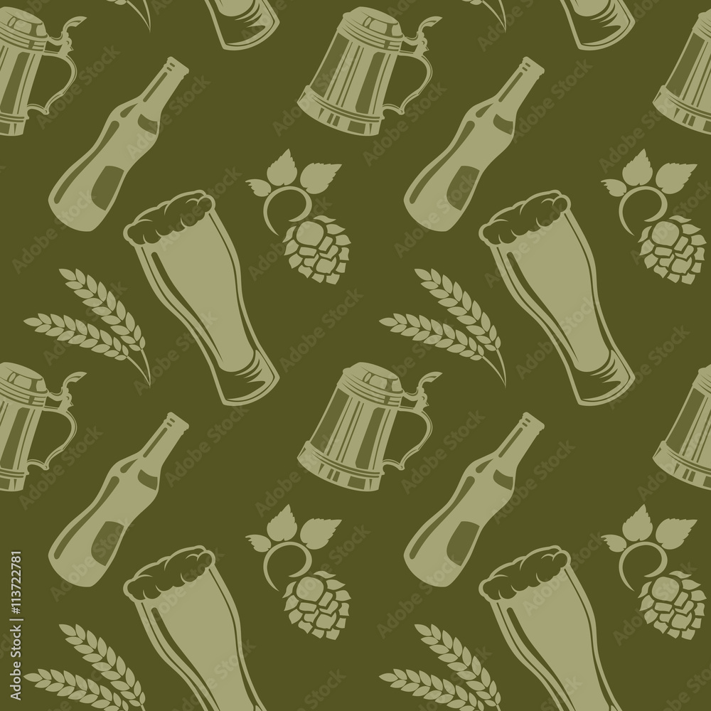 Beer pattern with beer bottle, glass, wheat and hops. Beer pattern with beer bottle, glass, wheat and hops.