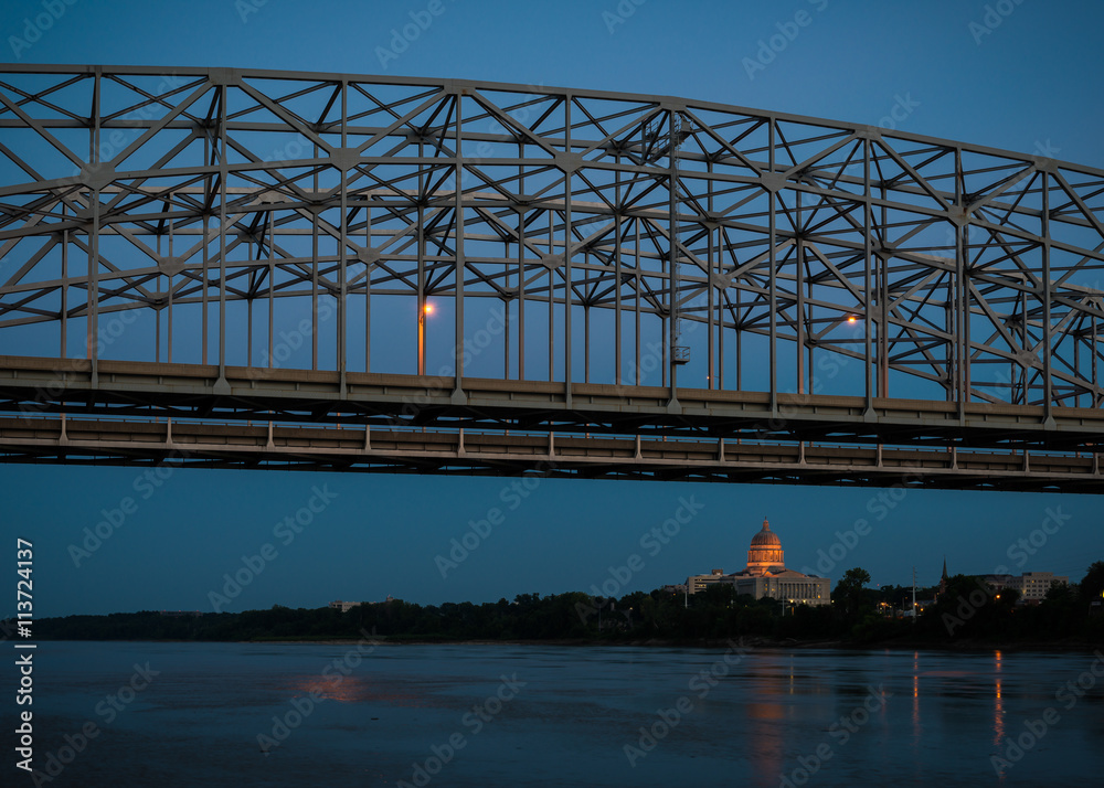 Missouri State Capitol under the bridge crossing the Missouri River in Jefferson City, Missouri