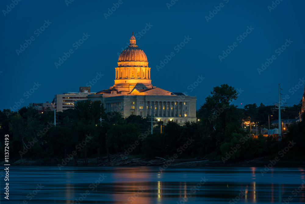 Missouri State Capitol across the Missouri River at night in Jefferson City, Missouri