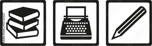 Writer author tools - book, typewriter, pen