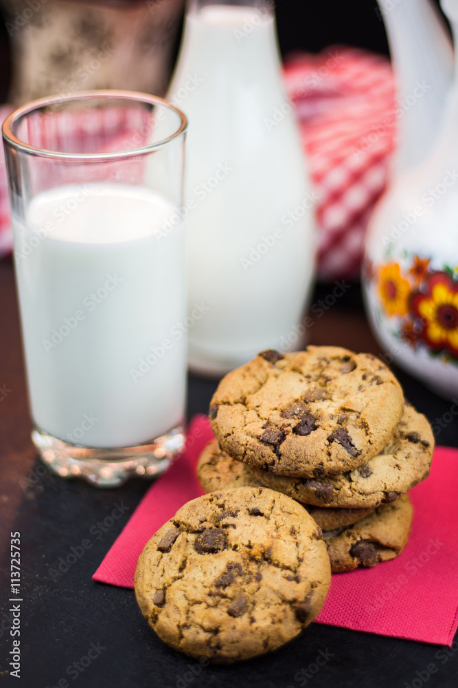 Chocolate chips cookies and mug of milk Chocolate chips cookies and mug of milk