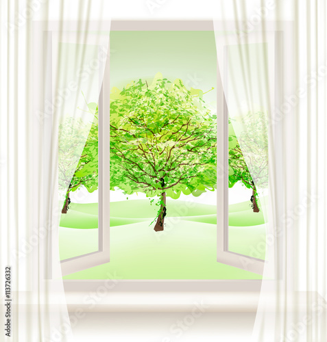 Summer background with an open window and green trees. Vector.