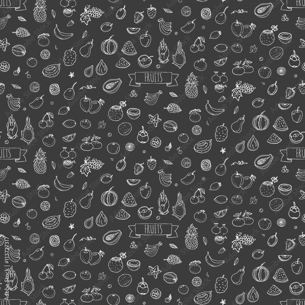 Seamless background hand drawn doodle fruits icons set Vector illustration seasonal fruit symbol collection Cartoon different kind of fruits Various types of tropical fruits on white background Sketch Seamless background hand drawn doodle fruits icons set Vector illustration seasonal fruit symbol collection Cartoon different kind of fruits Various types of tropical fruits on white background Sketch