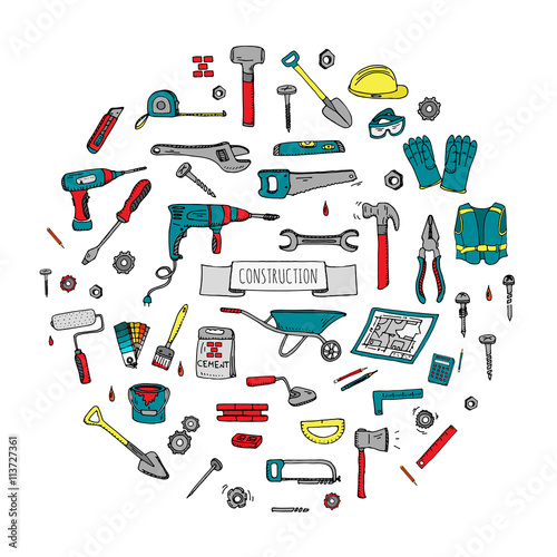 Hand drawn doodle Construction tools set Vector illustration building icons House repair icons concept collection Modern sketch style labels of house remodel gear elements and symbols Home repair tool