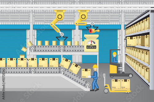 Manufacturing production, food process industry with box, automated machine i.e. conveyor belt, production line, robot inside factory plant, warehouse. Include operator, forklift. Vector illustration.