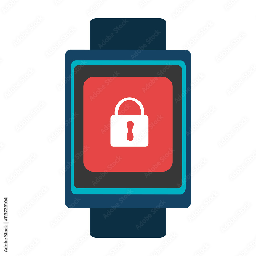 blue  smart watch with blue frame and red square white lock icon on the screen over isolated background, vector illustration