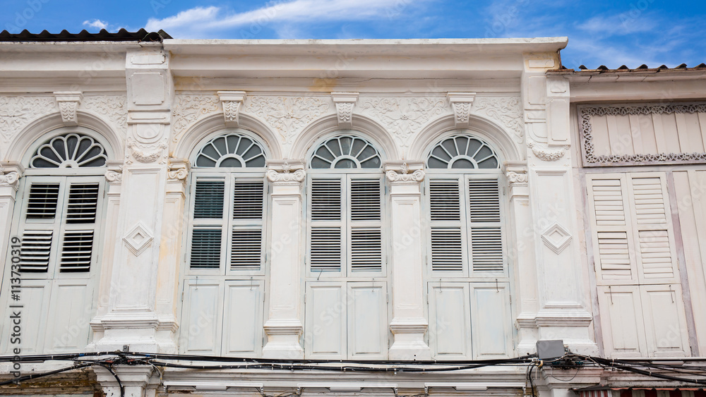Classic windows Sino-Portuguese style architecture at Phuket Thailand. Vintage windows