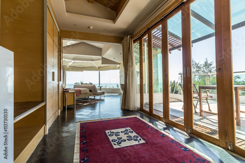 Modern style of living room with bed in resort and sea view