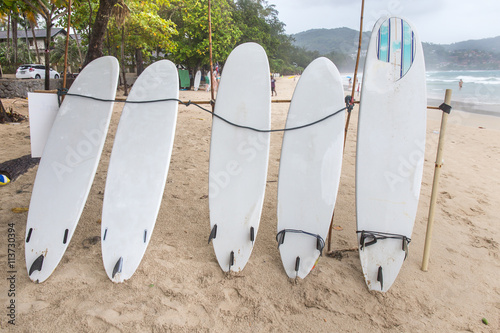 Surf Boards on sand beach at kata beach Phuket, Thailand