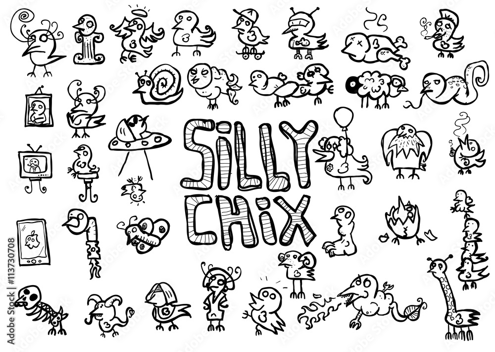 Silly chicks themed doodle sheet with black outlines and no background

