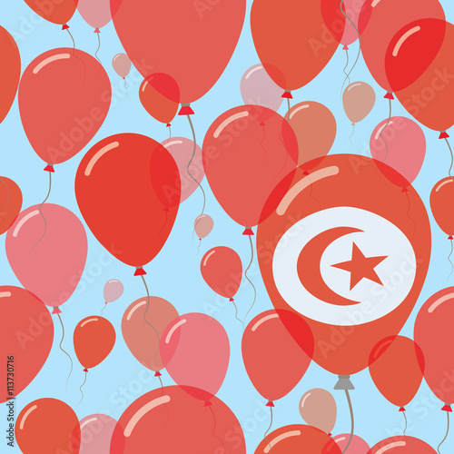 Tunisia National Day Flat Seamless Pattern. Flying Celebration Balloons in Colors of Tunisian Flag. Happy Independence Day Background with Flags and Balloons.
