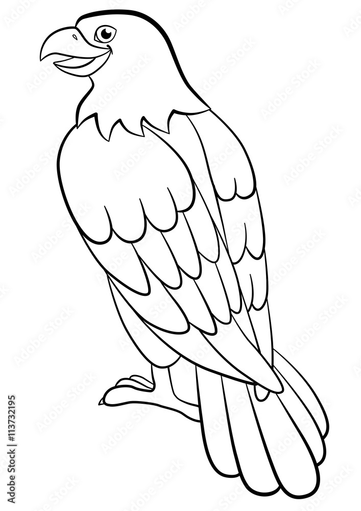 Coloring pages. Wild birds. Cute eagle sits smiles. Stock Vector