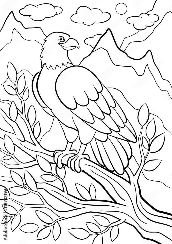 Naklejka premium Coloring pages. Wild birds. Cute eagle sits on the tree branch and smiles.