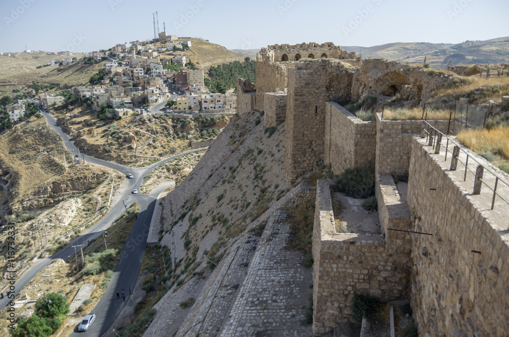 Walls of the Kerak Castle, a large crusader castle in Kerak (Al Karak) in Jordan