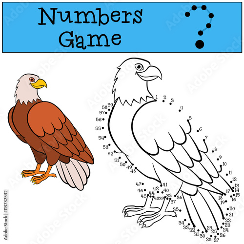 Educational games for kids: Numbers game. Cute eagle sits and smiles.