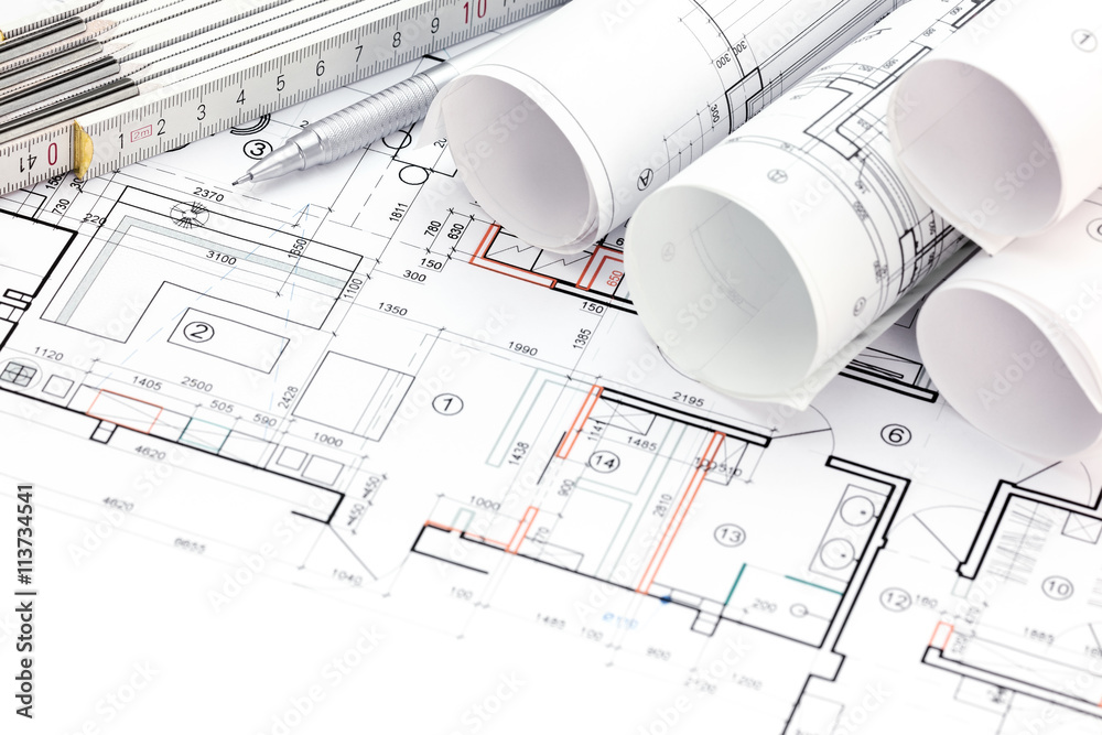 architectural background with plan, blueprint rolls, folding rul architectural background with plan, blueprint rolls, folding rul
