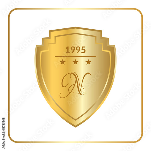 Gold shield emblem icon. Golden sign silhouette  isolated on white background. Symbol of trophy  heraldic award  royal security  protect. Heraldic label. Logo design decoration. Vector illustration