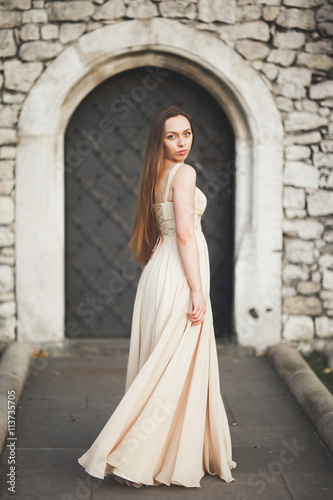 Young woman with long dress and hair posing in park near old gate