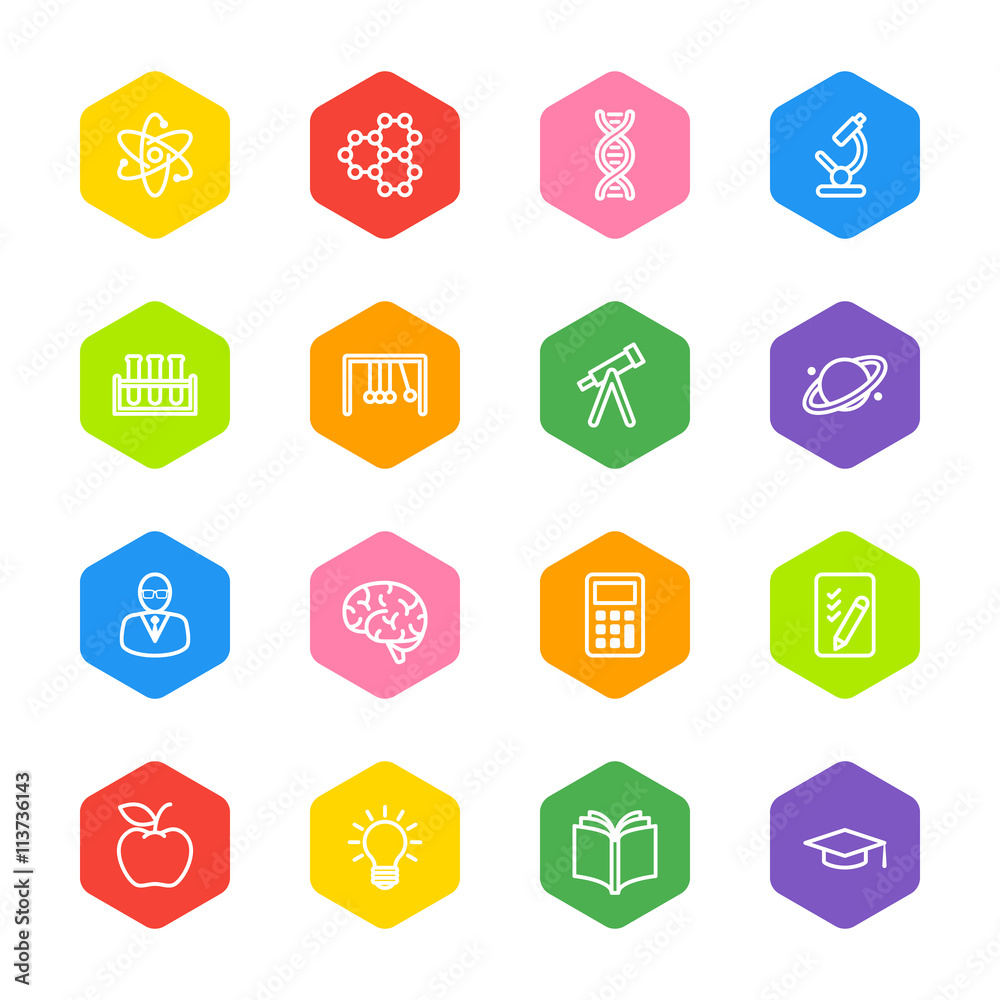 white line education and science icon set on colorful hexagon for web design, user interface (UI), infographic and mobile application (apps)