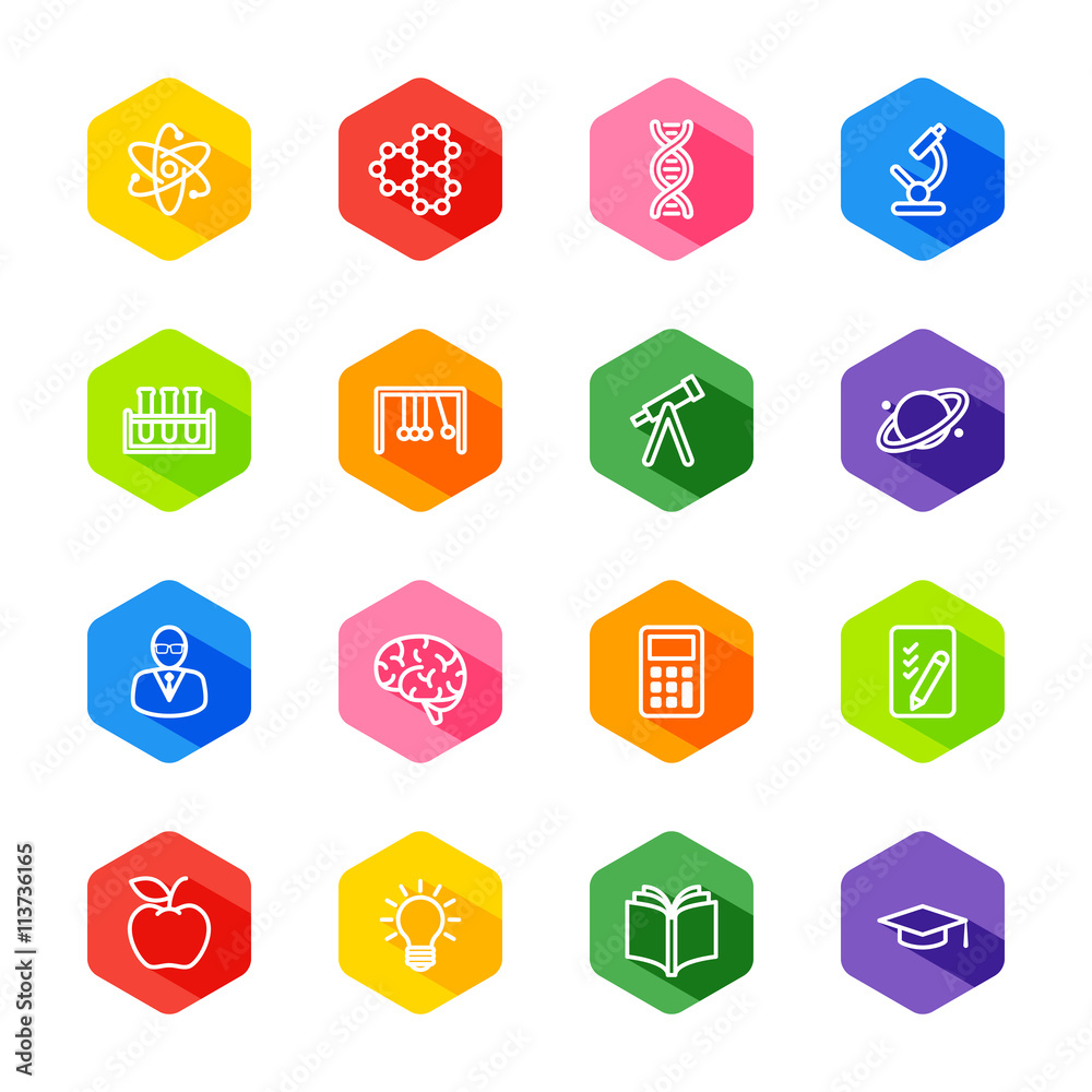 white line education and science icon set on colorful hexagon with shadow for web design, user interface (UI), infographic and mobile application (apps) white line education and science icon set on colorful hexagon with shadow for web design, user interface (UI), infographic and mobile application (apps)
