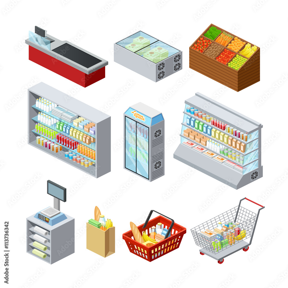 Naklejka premium Isometric Supermarket Icons Set