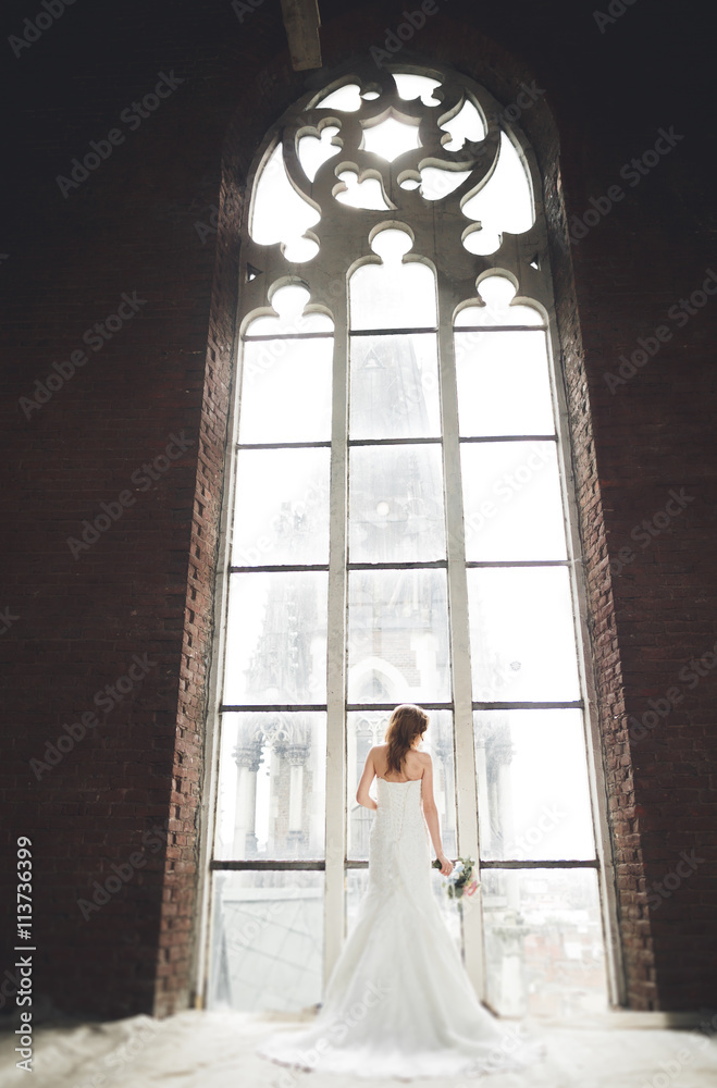 Fototapeta premium Elegant beautiful wedding bride posing near great window arch