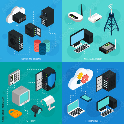 Data Center 2x2 Isometric Icons Set