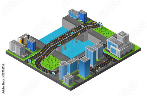  Isometric City Bridge Composition Poster