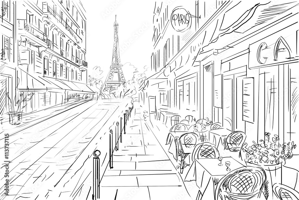 Street in paris -  sketch illustration concept - obrazy, fototapety, plakaty 