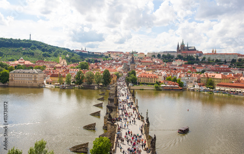 View To Charles Bridge From Top Of Old Bridge Tower In Prague Czech Republic 