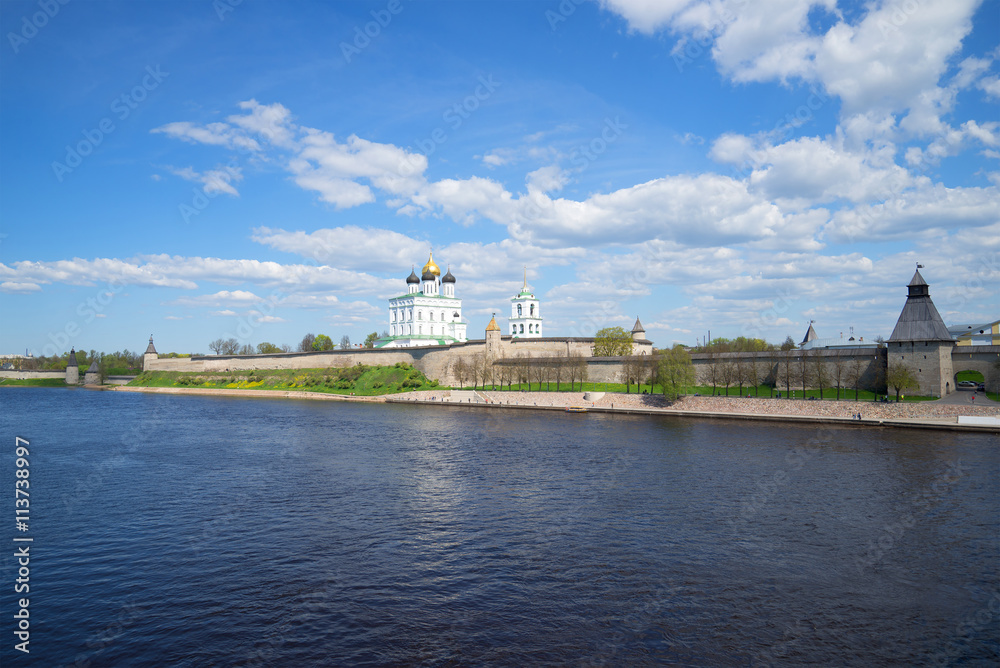 Panorama of the Pskov Kremlin, sunny may day. Russia