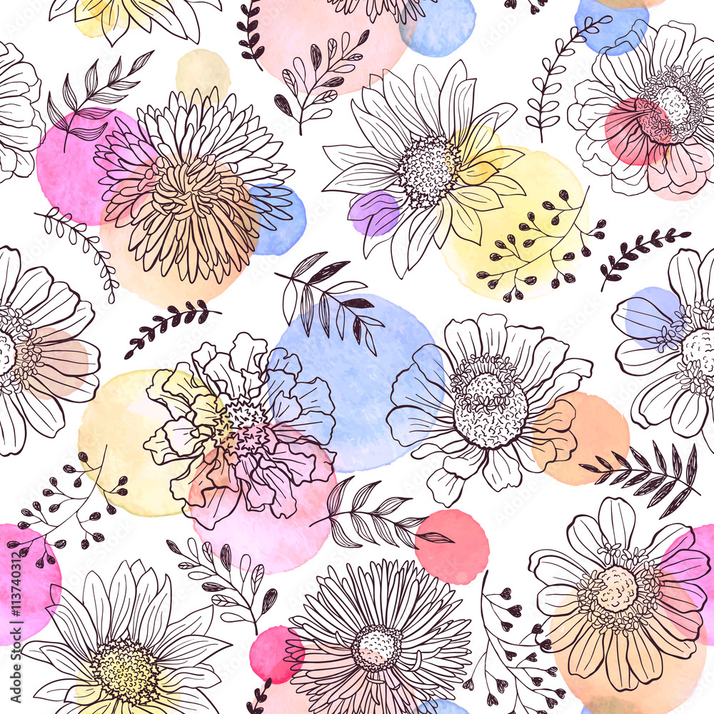 Seamless pattern from flowers outlines and watercolor dots on white background. Watercolor spots with hand drawn flower outlines.