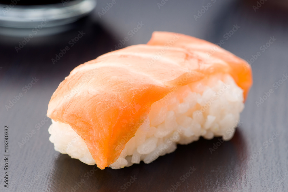 Japanese sushi rice and salmon, based on classical wood Japanese sushi rice and salmon, based on classical wood