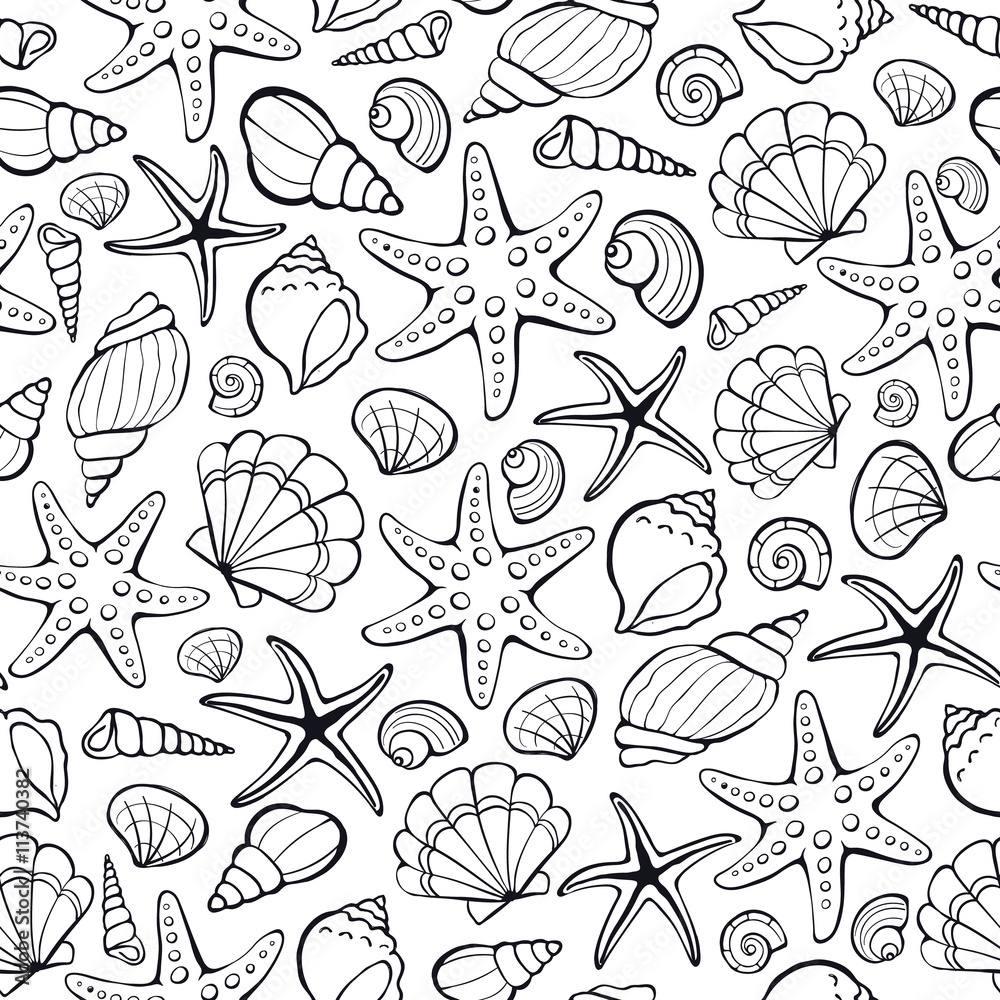 Seamless background from hand drawn sea shells and stars. Marine ...