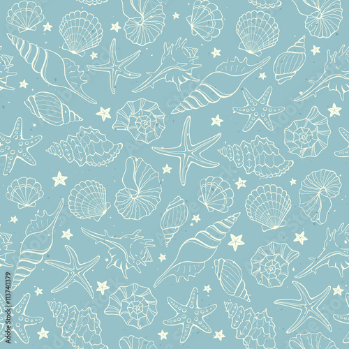 Seamless background from hand drawn sea shells and stars. Marine illustration of shellfish. 