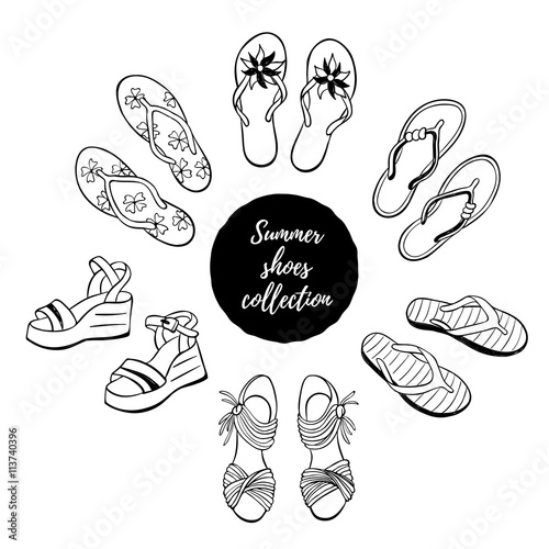 Hand drawn shoes collection. Summer flip flops, flats and sandals  isolated on white background. Vector illustration of beach footware.
