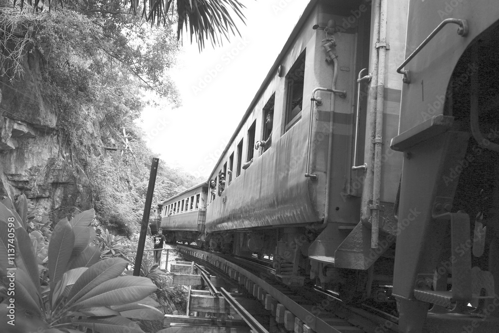 The train in railway with black and white tone , vintage style , background