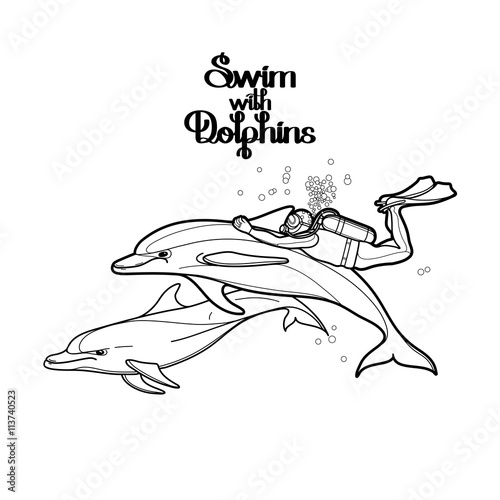 Graphic scuba diver riding the dolphin