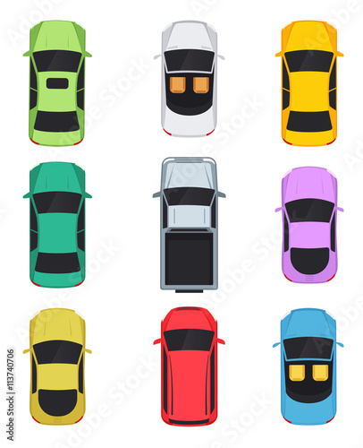 Cars top view, convertible, sedan, pickup, minivan.