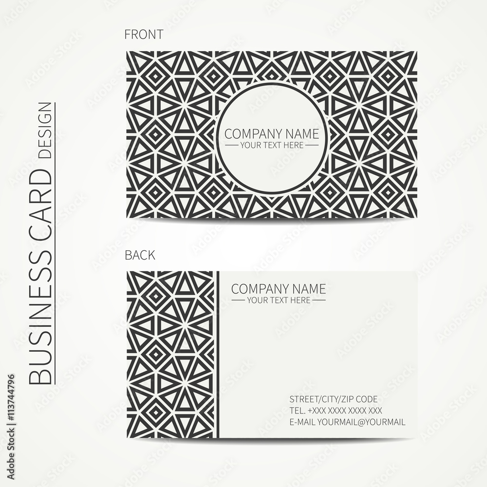 Vector simple business card design. Template. Black and white. Business card for corporate business and personal use. Trendy calling card. Geometric monochrome line lattice arabic pattern. Oriental