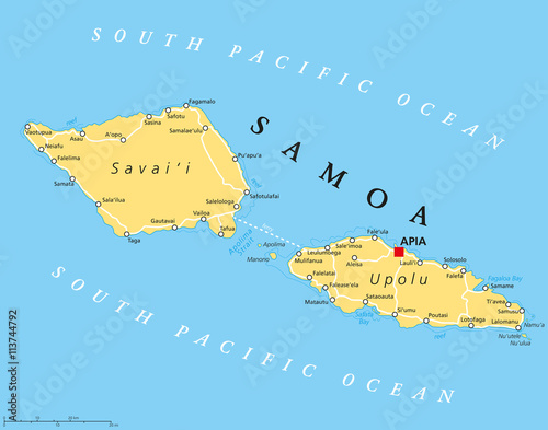 Samoa political map with capital Apia and important places. Formerly known as Western Samoa, part of Samoan Islands, with main islands Savaii and Upolu. English labeling and scaling. Illustration.