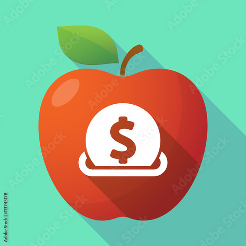 Long shadow red apple icon with  a dollar coin entering in a mon