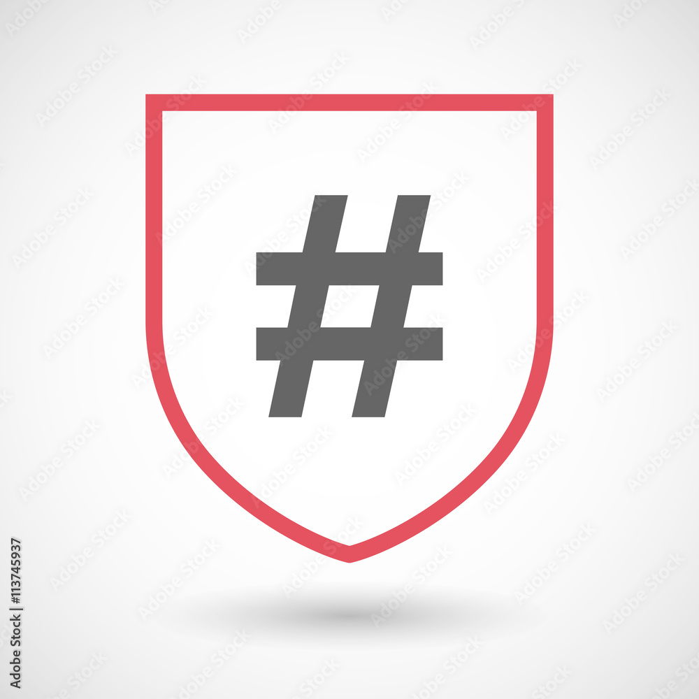 Isolated line art shield icon with a hash tag