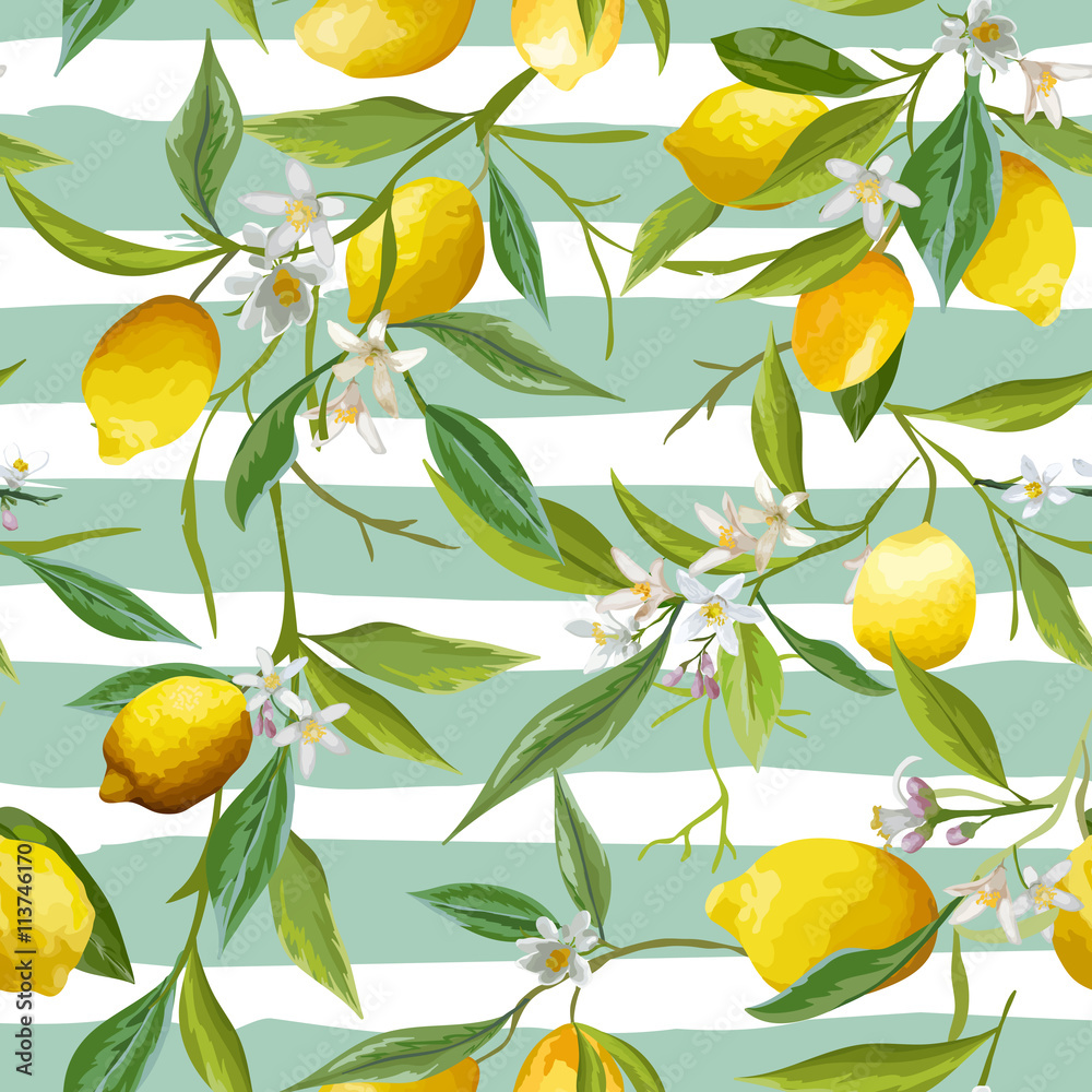 Seamless Pattern. Lemon Fruits Background. Floral Pattern. 