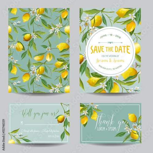 Save the Date Card. Lemon, Leaves and Flowers. Wedding Card. Invitation Cards