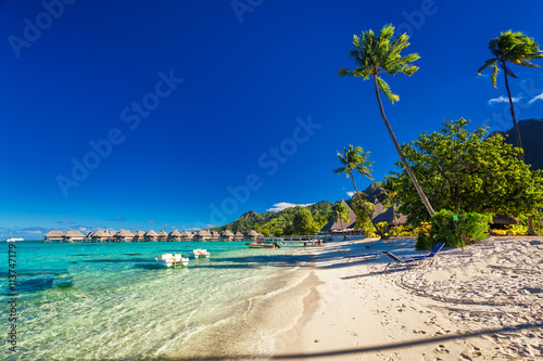 Tropical resort with sandy beach and palm trees on Moorea