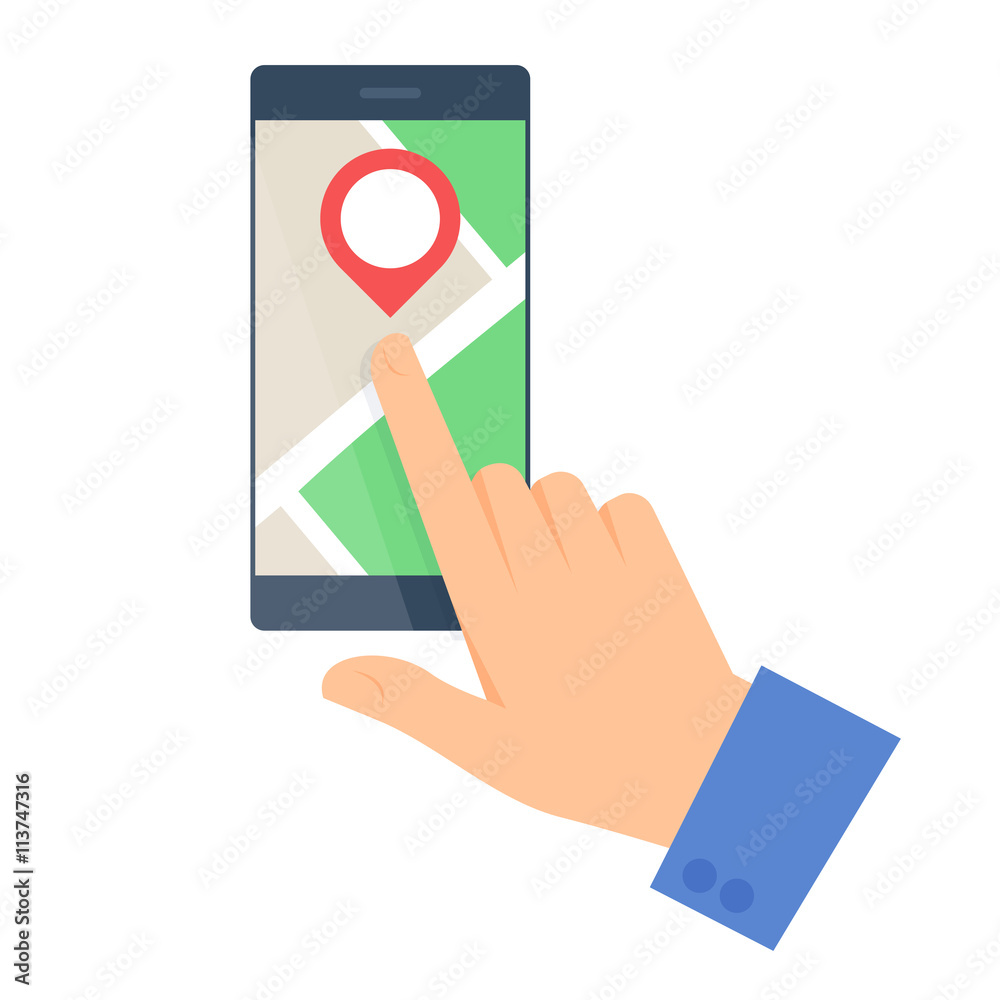 Business people travel concept. Flat vector illustration of a human hand and a map on a mobile phone screen. Man and pointer are pointing a place. Infographic elements isolated on white background. Business people travel concept. Flat vector illustration of a human hand and a map on a mobile phone screen. Man and pointer are pointing a place. Infographic elements isolated on white background.