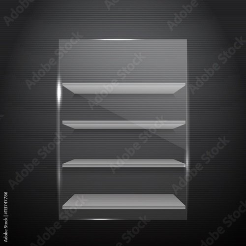 Gorizontal white bookshelves on a dark walll with front glass ep