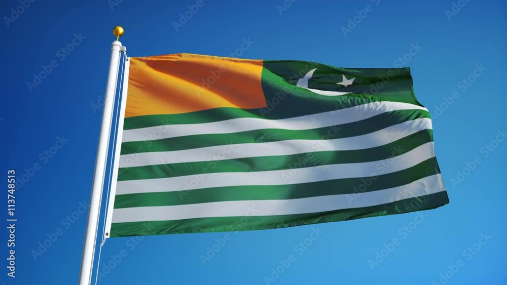 Azad Kashmir flag waving in slow motion against clean blue sky, seamlessly looped, close up, isolated on alpha channel with black and white luminance matte, perfect for film, news, digital composition