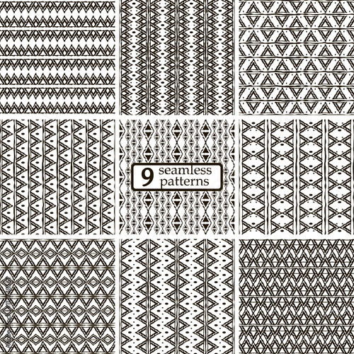 Set of 9 black and white seamless patterns with ethnic motifs